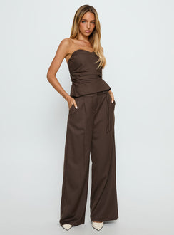 side view of model wearing Princess Polly Natilee Relaxed Tailored Pants Brown Pinstripe Low Rise Pants Pants 
