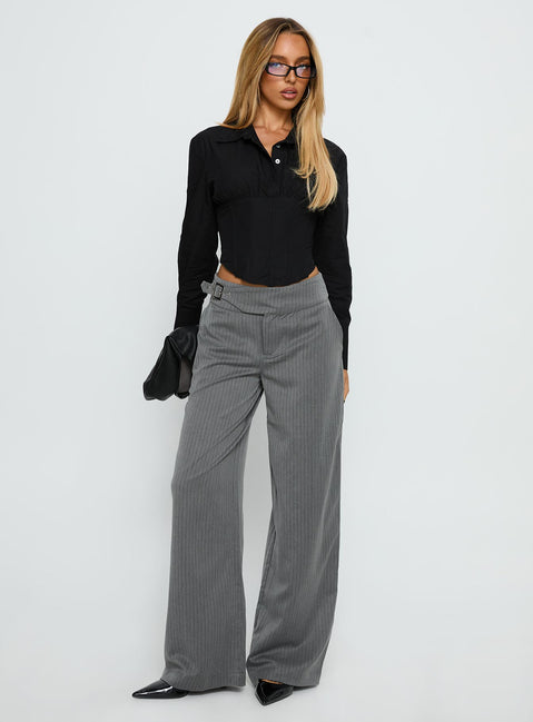 front view of model wearing Princess Polly Jinny Relaxed Buckle Tailored Pants Grey Pinstripe Low Rise Pants Pants 