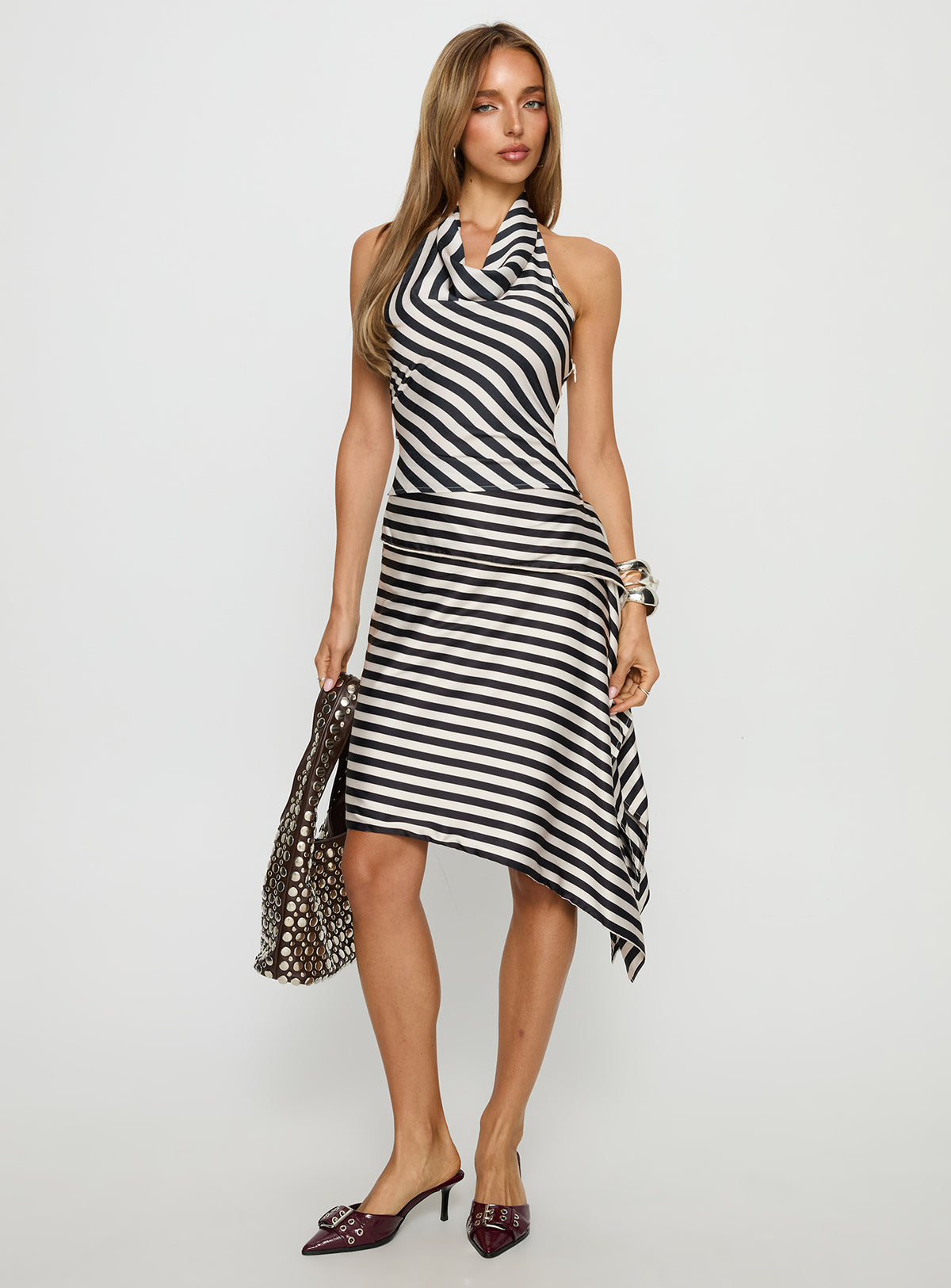   front view of model wearing Princess Polly Allure Midi Skirt Noir Stripe Midi Skirts Skirts 
