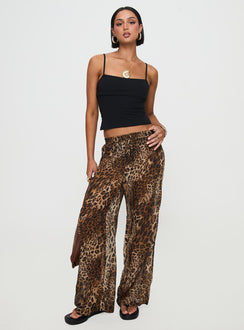 front view of model wearing Princess Polly Fyre Wide Leg Pant Leopard Petite Low Rise Pants Pants 