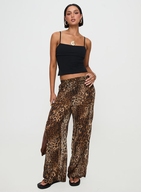 front view of model wearing Princess Polly Fyre Wide Leg Pant Leopard Petite Low Rise Pants Pants 