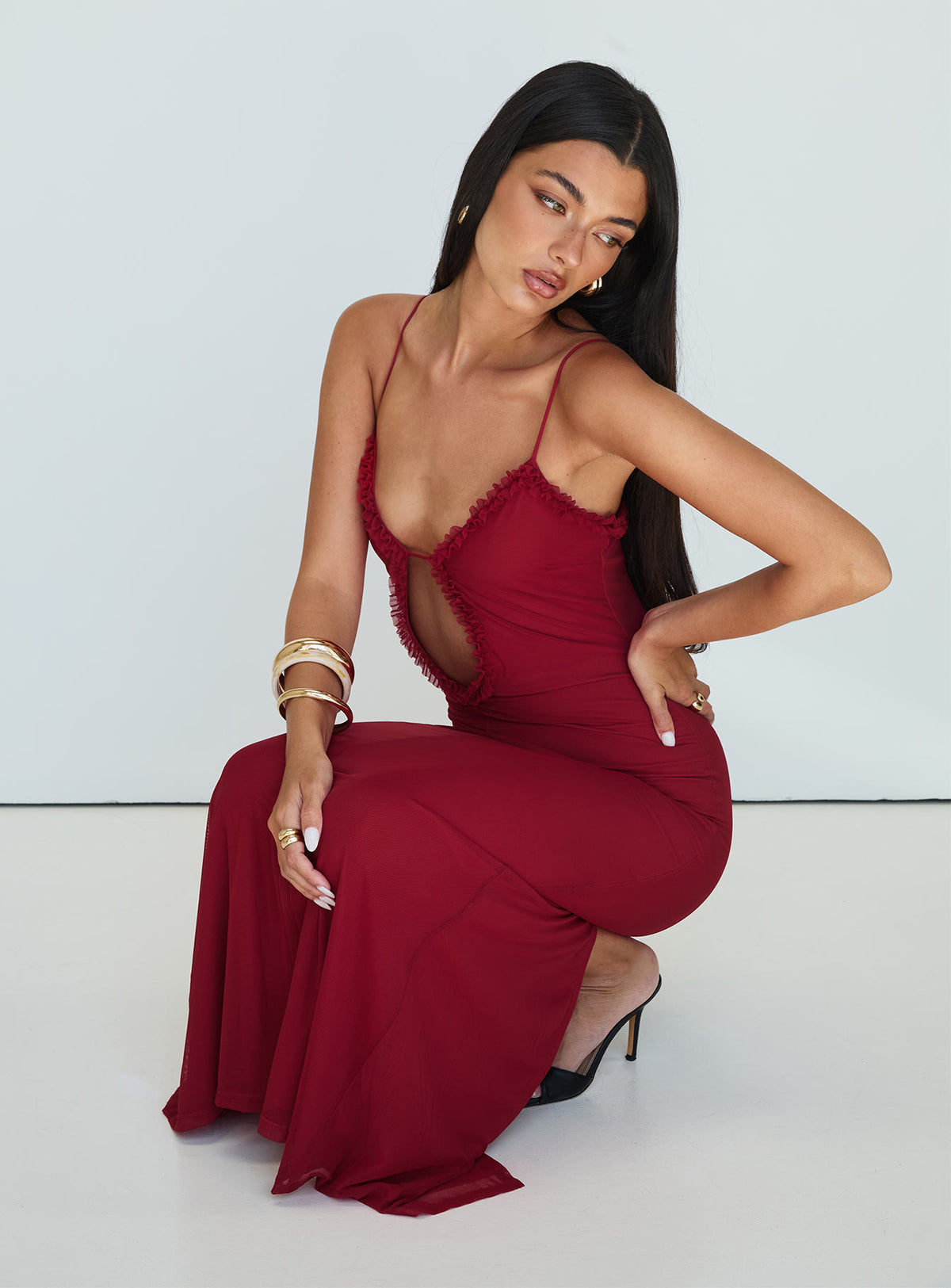 side view of model wearing Princess Polly Capisce Maxi Dress Red Petite Sweetheart Neckline 