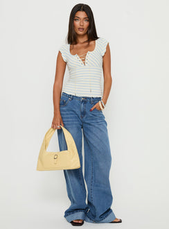 front view of model wearing Princess Polly Jacobie Mid Rise Wide Leg Jeans Mid Blue Wash Mid Rise Jeans Jeans 