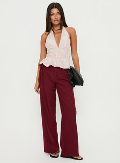 front view of model wearing Princess Polly Good Riddance Pleat Tie Slouch Pants Burgundy Mid Rise Pants Pants 