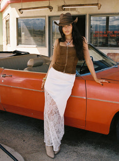   side view of model wearing Princess Polly Castelli Lace Maxi Skirt White Maxi 