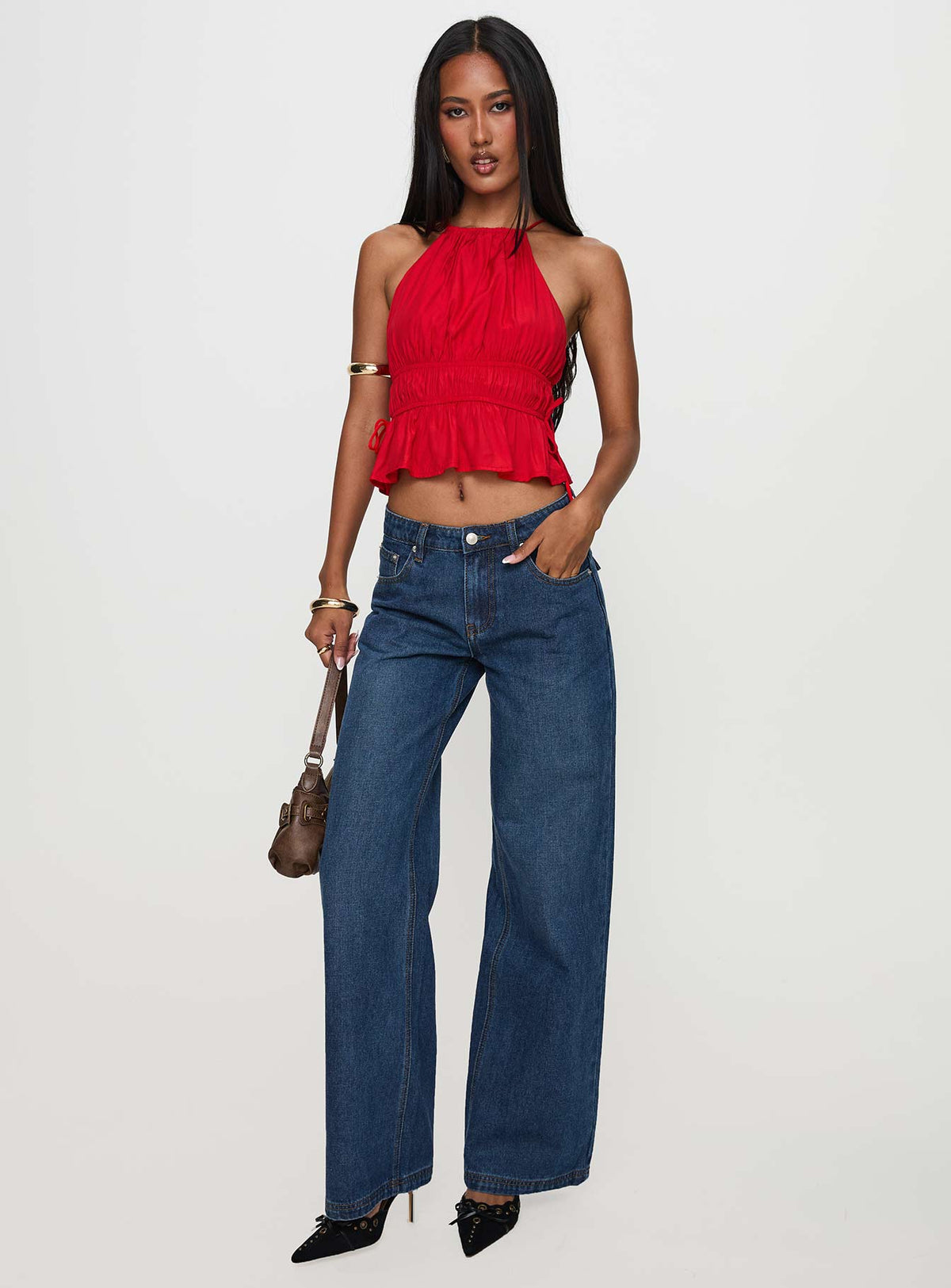 front view of model wearing Princess Polly Rozier Top Red Sleeveless High Neck 