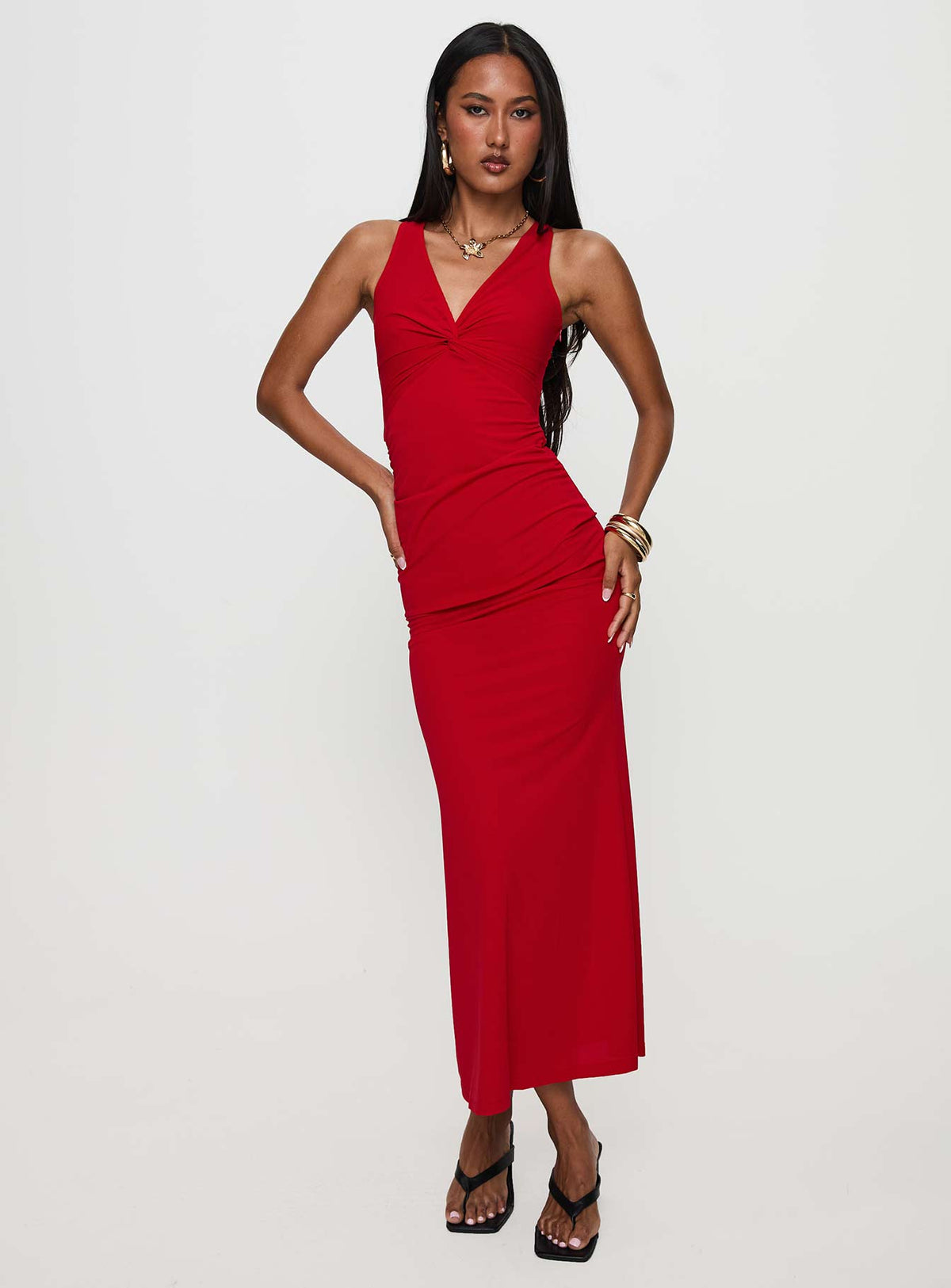 front view of model wearing Princess Polly Mesmerise Halter Maxi Dress Red V-Neck 