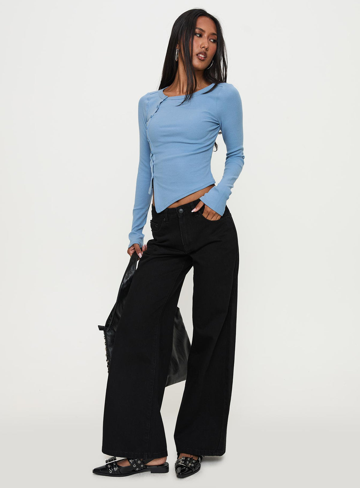 front view of model wearing Princess Polly Baseline Rib Long Sleeve Top Blue Full Sleeves Crew Neck 