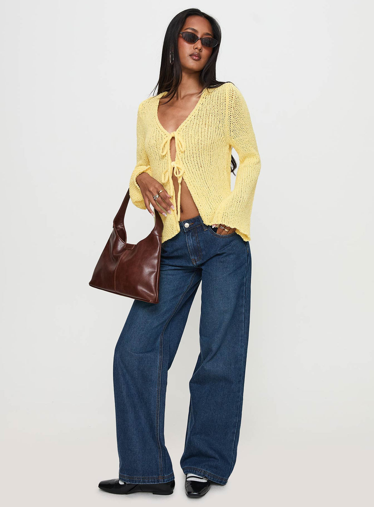 front view of model wearing Princess Polly Swain Knit Cardigan Lemon Jumpers 