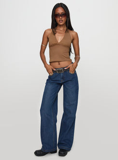 front view of model wearing Princess Polly Whimsy Halter Top Chocolate Sleeveless Plunger 