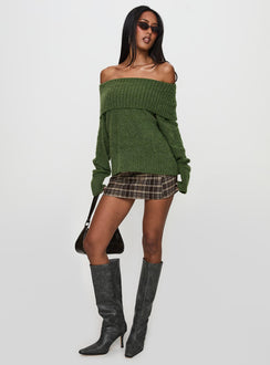 back view of model wearing Princess Polly Parkley Boucle Off The Shoulder Sweater Olive Longline Jumpers Jumpers 