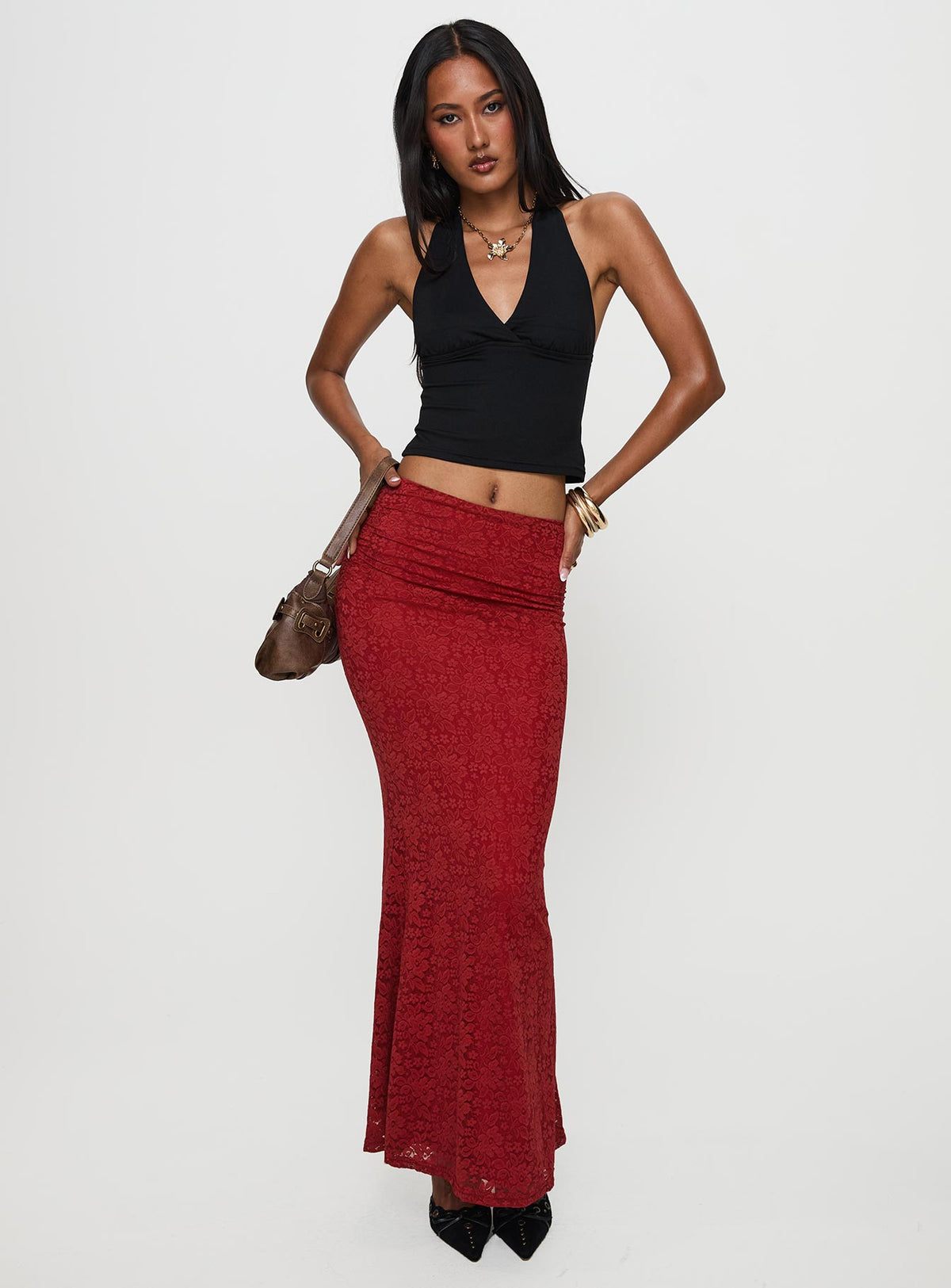   front view of model wearing Princess Polly Silene Maxi Skirt Red Skirts 