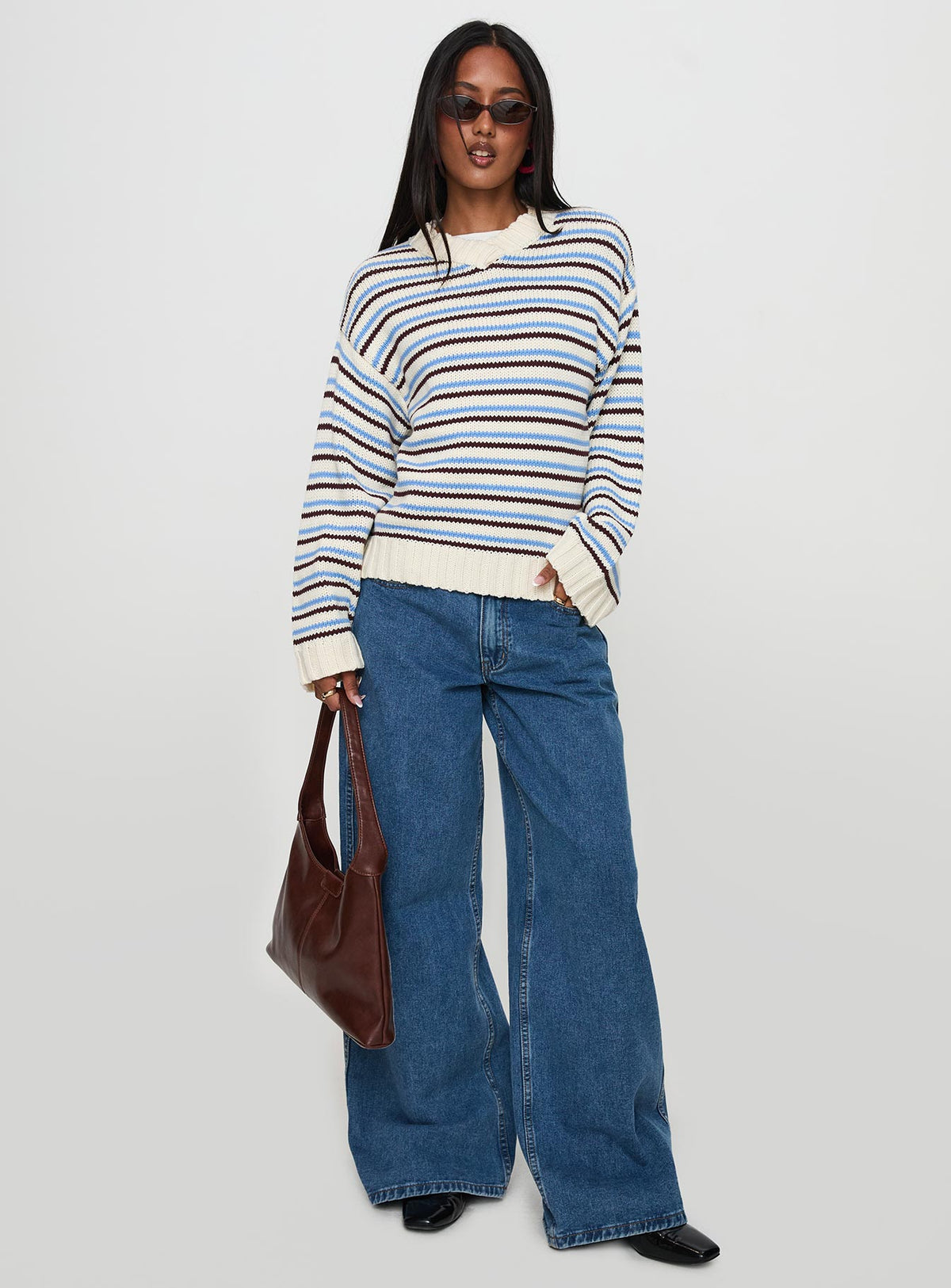 front view of model wearing Princess Polly Karolyn Sweater Blue Stripe Longline Jumpers Jumpers 