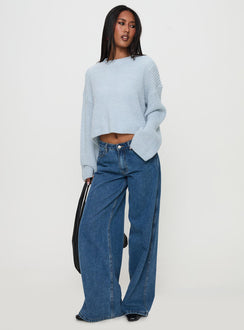 front view of model wearing Princess Polly Elinda Knit Sweater Blue Cropped Jumpers Jumpers 
