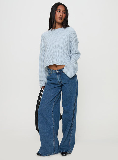 front view of model wearing Princess Polly Elinda Knit Sweater Blue Cropped Jumpers Jumpers 