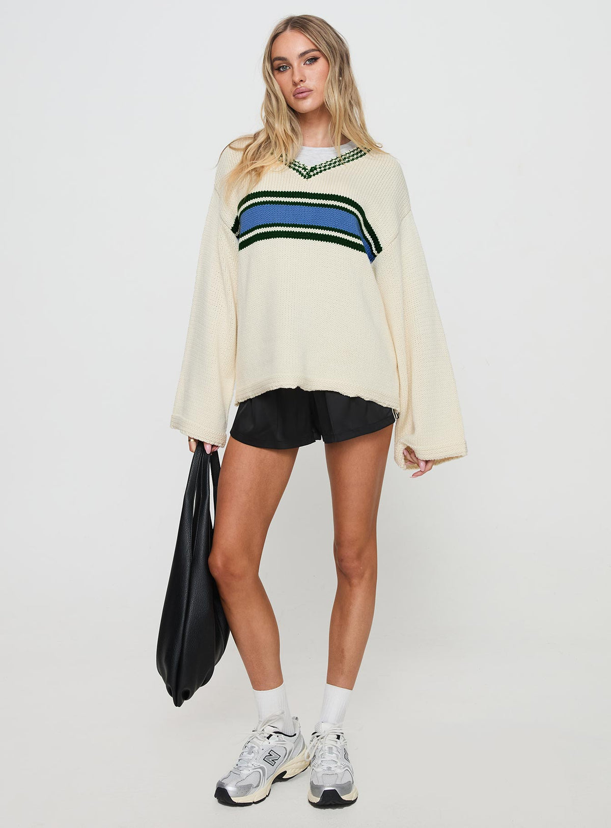 front view of model wearing Princess Polly Old Sport Knit Sweater Multi Longline Jumpers Jumpers 