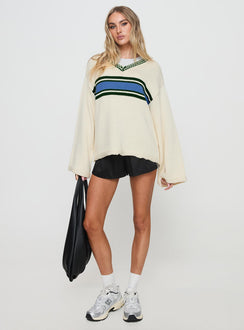 front view of model wearing Princess Polly Old Sport Knit Sweater Multi Longline Jumpers Jumpers 