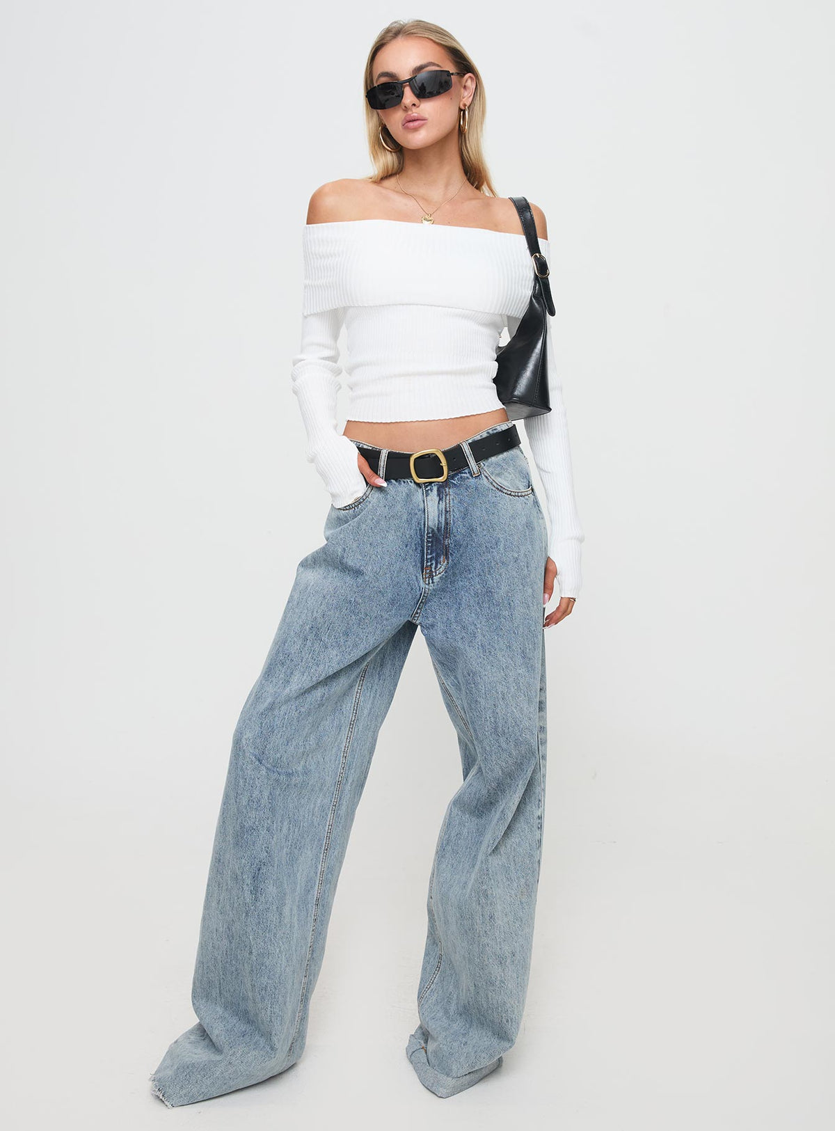side view of model wearing Princess Polly Morley Off Shoulder Sweater White cropped Jumpers 