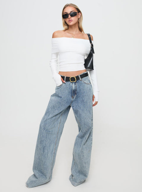 side view of model wearing Princess Polly Morley Off Shoulder Sweater White cropped Jumpers 