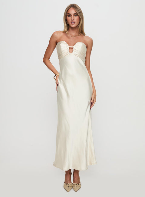 front view of model wearing Princess Polly Cyprian Strapless Maxi Dress Champagne Sweetheart Neckline 
