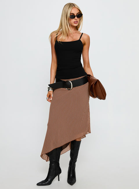   front view of model wearing Princess Polly Suella Asymmetrical Midi Skirt Brown Polka Dot Midi Skirts 