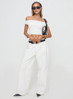 front view of model wearing Princess Polly Channel Off The Shoulder Top White Short Sleeves straight 