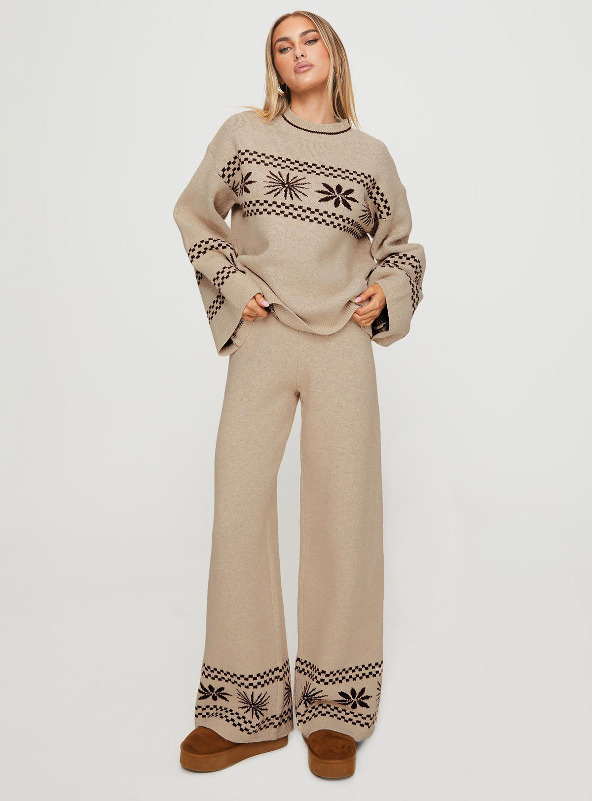 front view of model wearing Princess Polly Anok Graphic Sweater Cream / Brown Long 