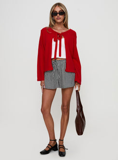 front view of model wearing Princess Polly Norine Tie Up Knit Sweater Red Cropped Jumpers Jumpers 