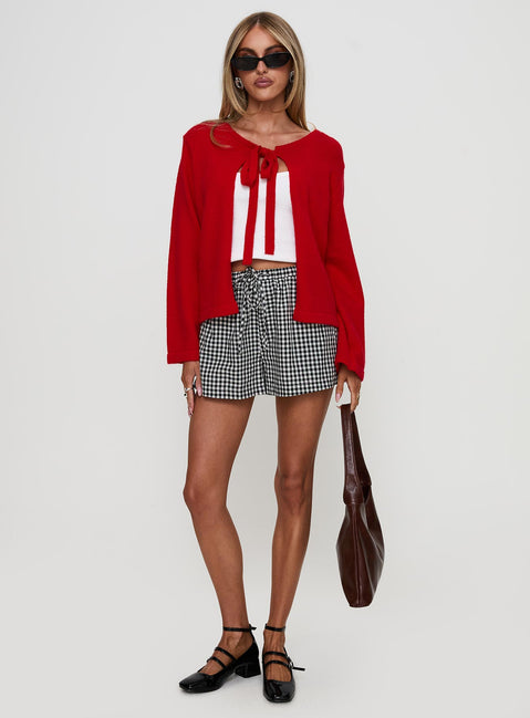 front view of model wearing Princess Polly Norine Tie Up Knit Sweater Red Cropped Jumpers Jumpers 