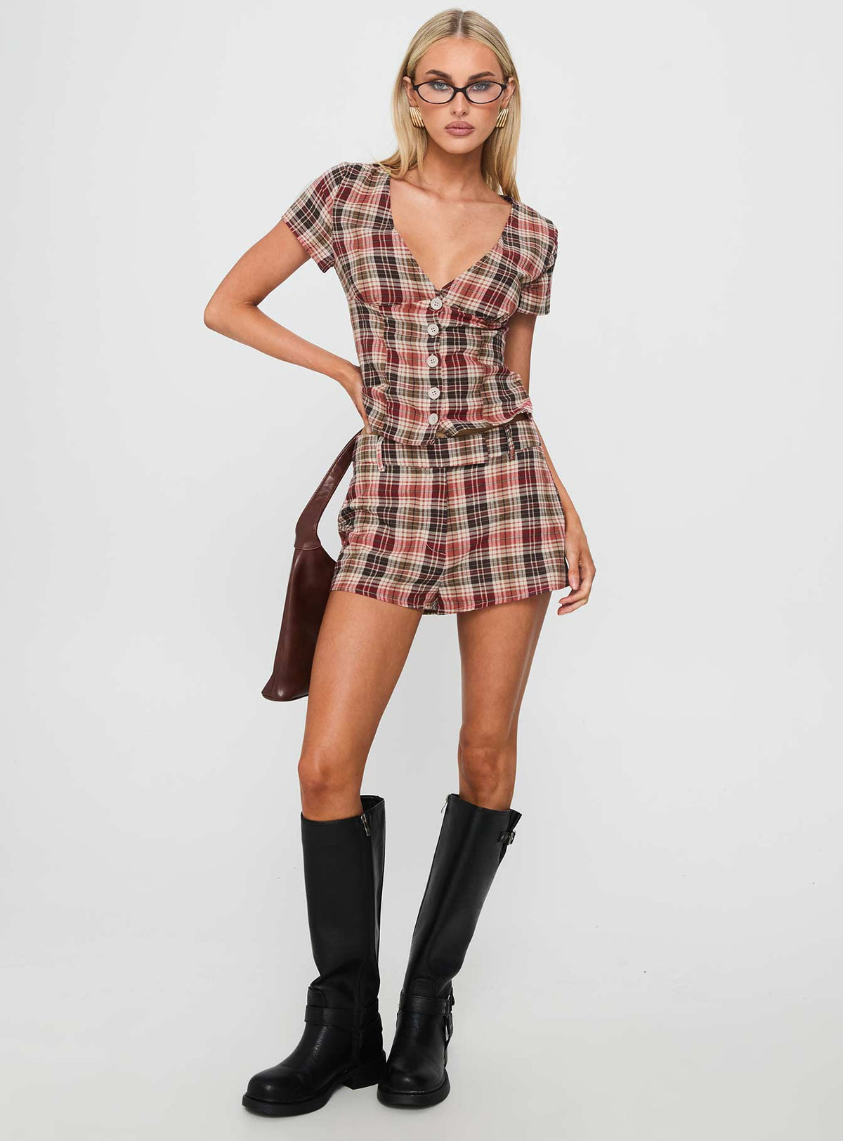 Odera Button Up Blouse Top Red Check