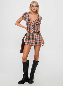 Odera Button Up Blouse Top Red Check