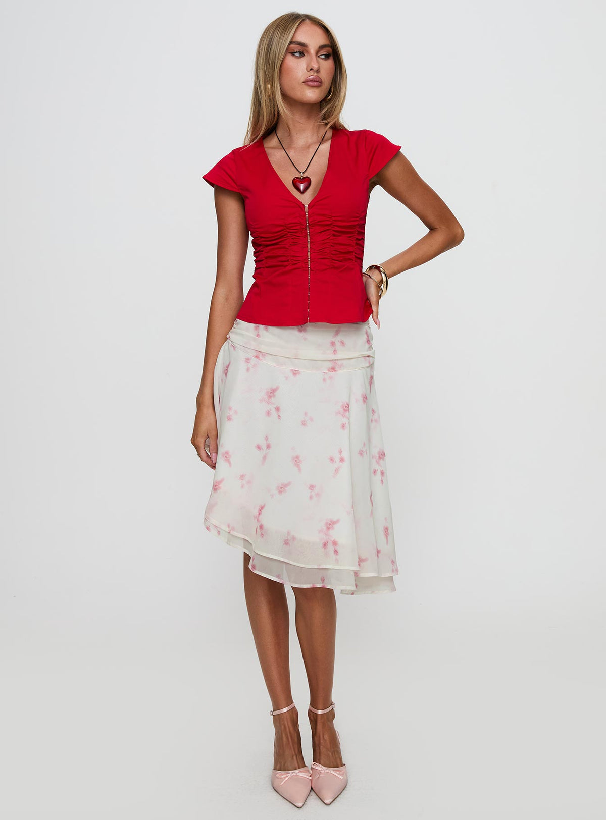   front view of model wearing Princess Polly Charisse Asymmetrical Midi Skirt Floral Skirts 