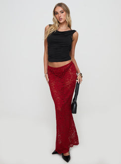 back view of model wearing Princess Polly Lombardio Lace Maxi Skirt Burgundy Maxi Skirts Skirts 