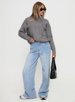 side view of model wearing Princess Polly Too Busy Zip Up Sweater Grey Cropped Jumpers Jumpers 