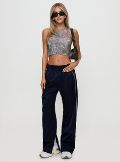 front view of model wearing Princess Polly Travalta Satin Track Pant Navy Low Rise Pants Pants 
