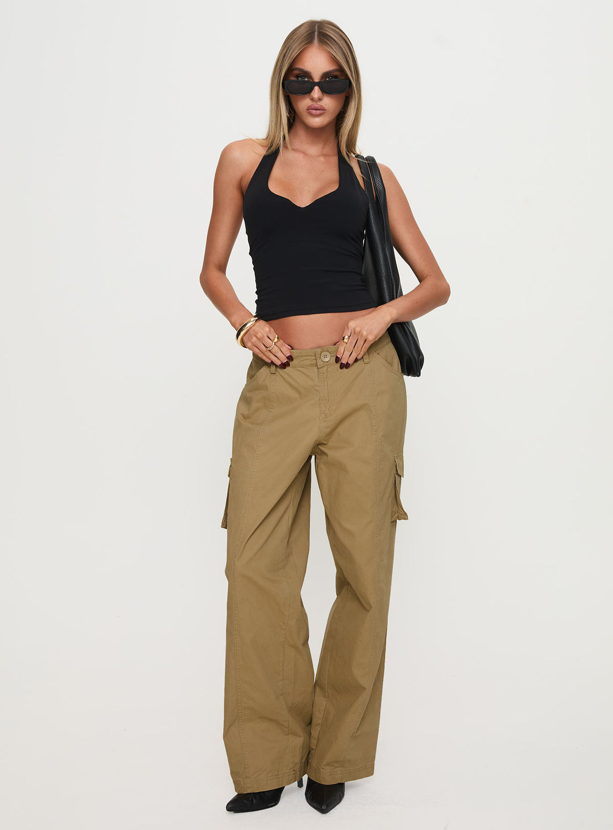 front view of model wearing Princess Polly Major General Cargo Pant Taupe Low Rise Pants Pants 