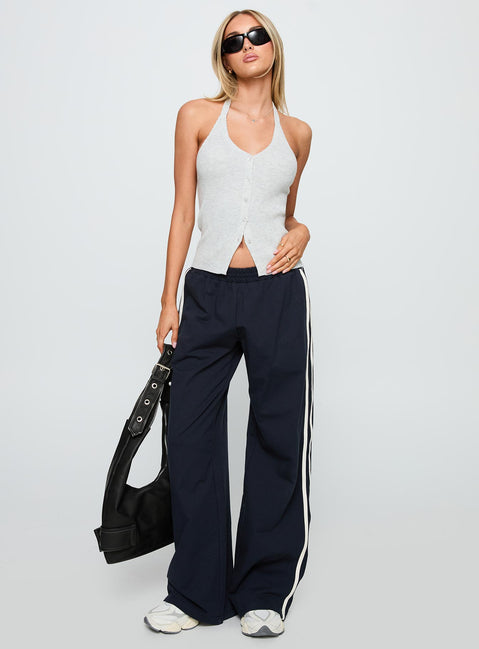 front view of model wearing Princess Polly Suzu Knit Halter Top Grey Sleeveless V-Neck 