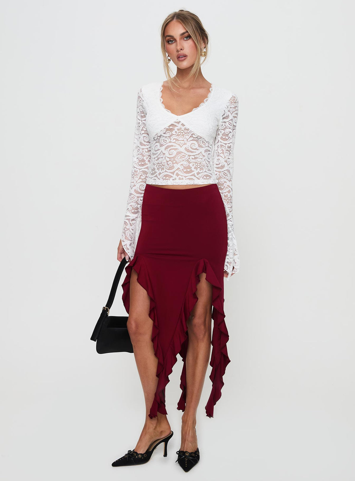   front view of model wearing Princess Polly Peachey Asymmetric Ruffle Midi Skirt Burgundy Midi Skirts Skirts 