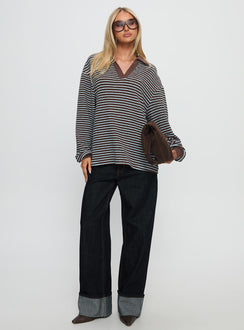 front view of model wearing Princess Polly Rigbys Collared Jumper Brown / Blue Stripe Longline Jumpers Jumpers 