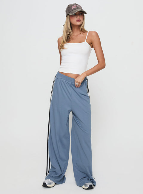 back view of model wearing Princess Polly Dime Track Pants Blue High Rise Pants Pants 