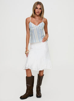 front view of model wearing Princess Polly Lunya Top Blue Stripe Sleeveless Plunger 