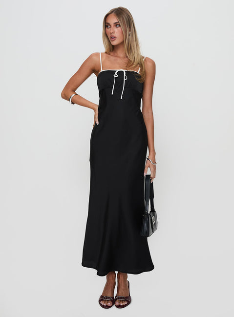 front view of model wearing Princess Polly Vasiliki Maxi Dress Black / White Square Neck 
