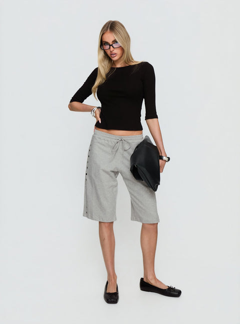 side view of model wearing Princess Polly Kether Longline Basketball Studs Short Grey Marle Mid Rise Pants Pants 