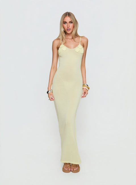 Cinderella Knit Floral Detail Maxi Dress Lemon Yellow