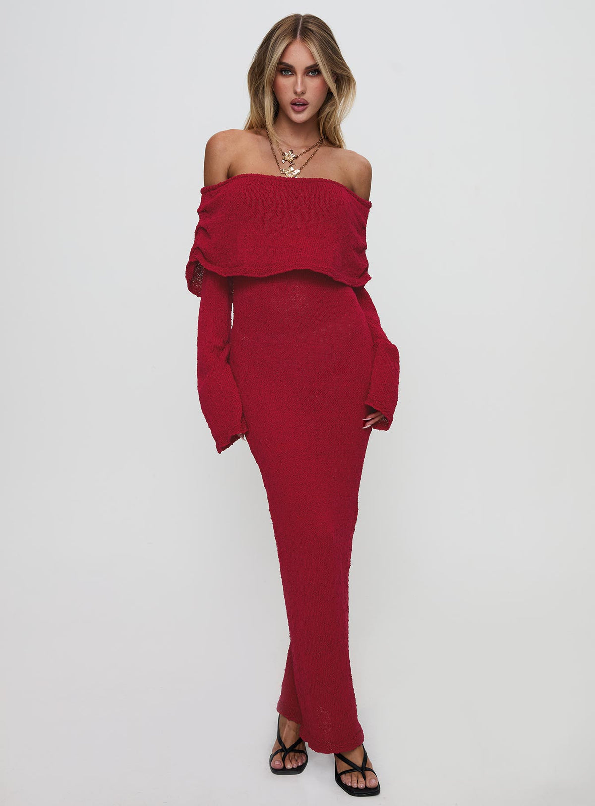 side view of model wearing Princess Polly Aleyah Long Sleeve Maxi Dress Burgundy Straight Neck 