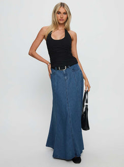  front view of model wearing Princess Polly Charleigh Soft Pleat Denim Maxi Skirt Mid Blue Wash Maxi Skirts Skirts 