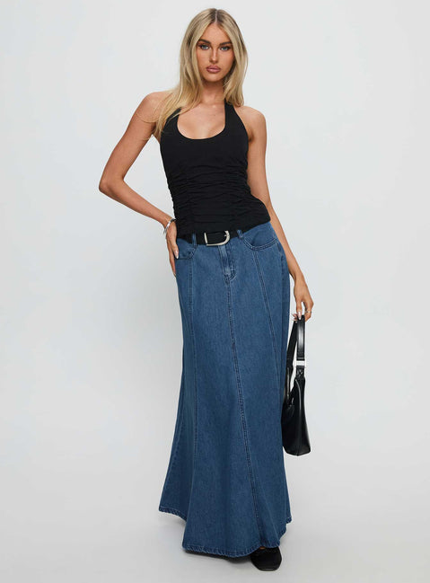   front view of model wearing Princess Polly Charleigh Soft Pleat Denim Maxi Skirt Mid Blue Wash Maxi Skirts Skirts 