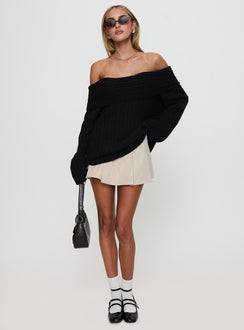 front view of model wearing Princess Polly Snowie Off Shoulder Knit Sweater Black Longline Jumpers Jumpers 
