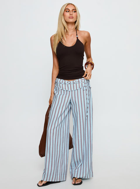 front view of model wearing Princess Polly Silver Moon Linen Blend Tie Pants Blue / Maroon Stripe Mid Rise Pants Pants 