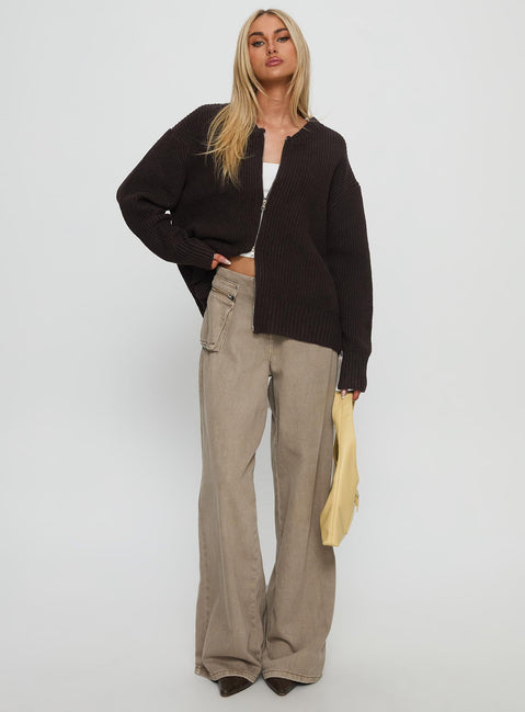 front view of model wearing Princess Polly Lexene Zip Through Jumper Chocolate Longline Jumpers Jumpers 